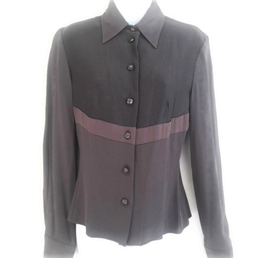 Byblos Vintage Blouse Button Front Color Block Ribbed Bib Italy